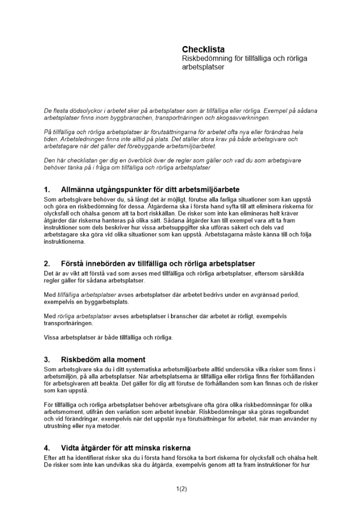 Checklista riskbedömning för tillfälliga och rörliga arbetsplatser