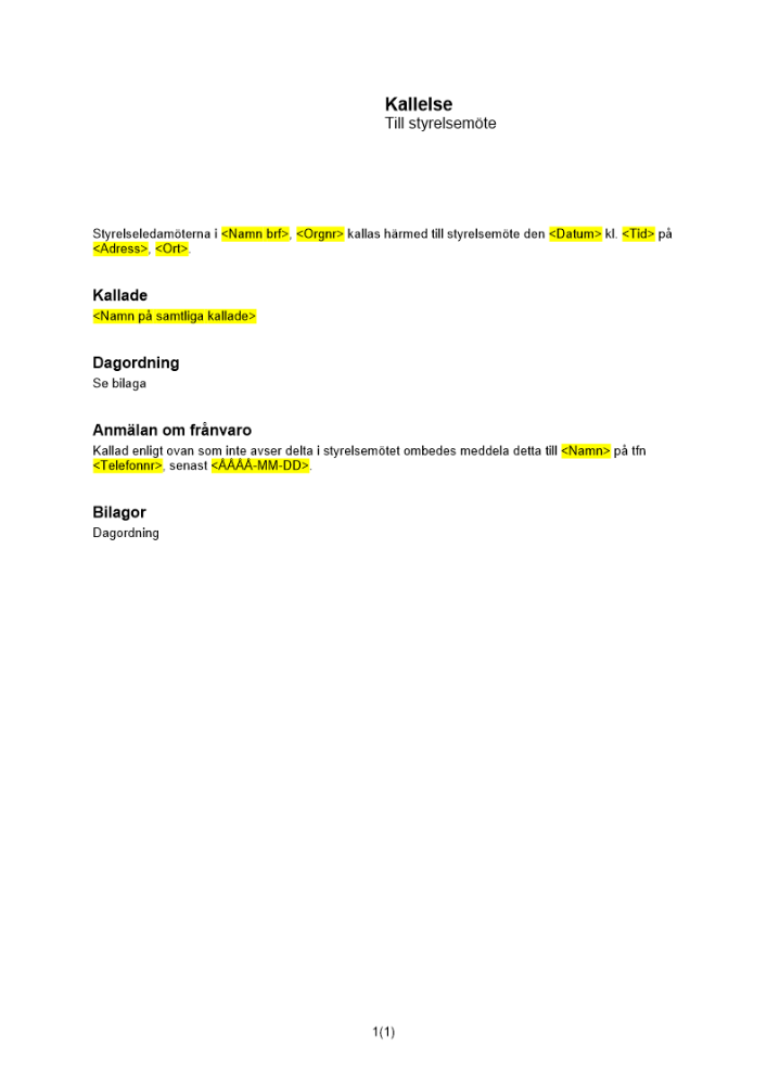 Kallelse till styrelsemöte - bostadsrättsförening