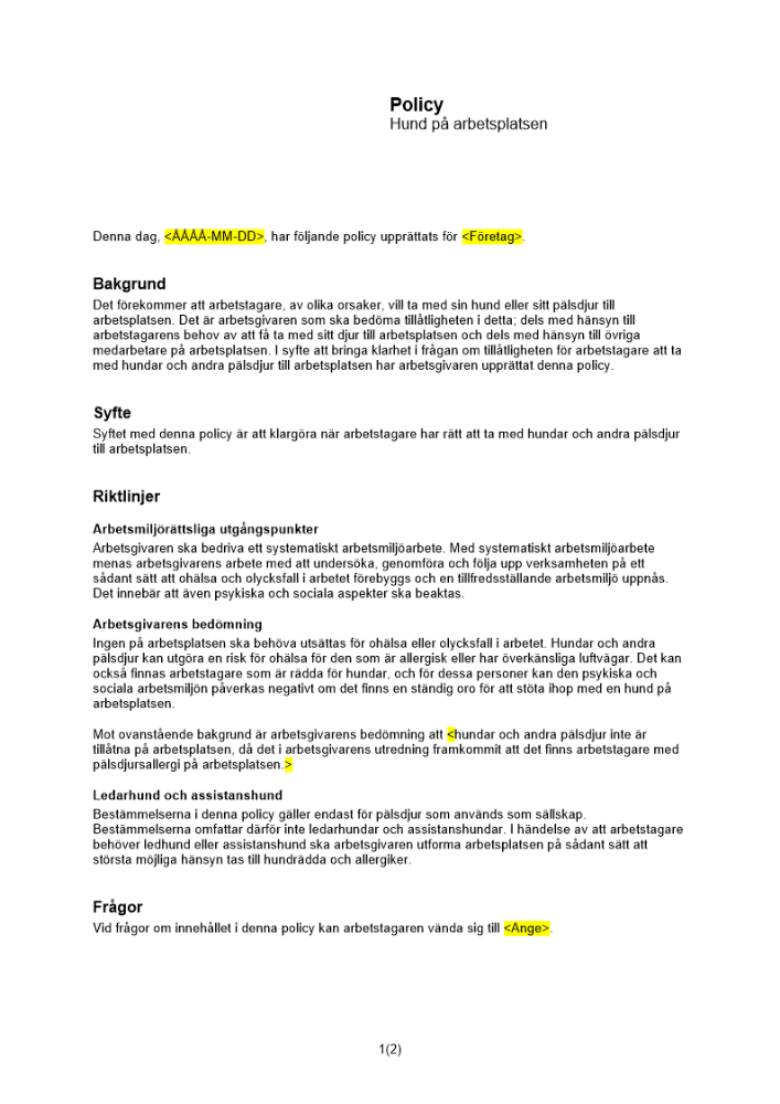 Policy för hund på arbetsplatsen