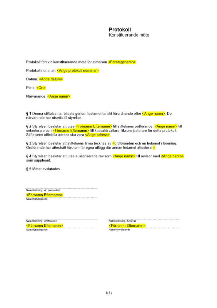 Protokoll konstituerande möte - stiftelse