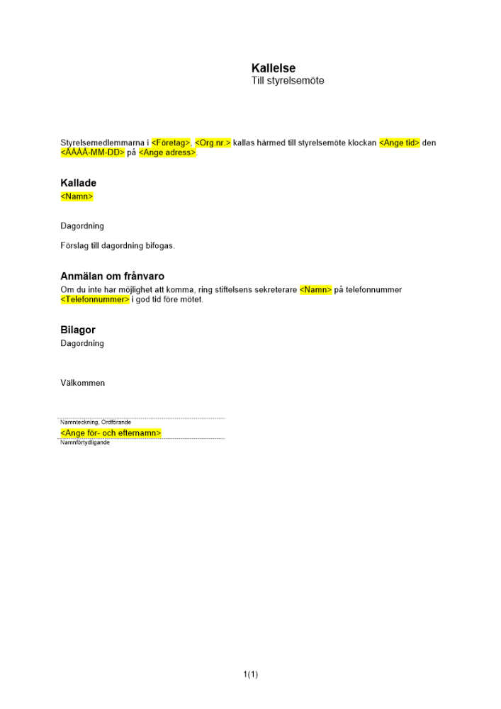 Kallelse till styrelsemöte - stiftelse