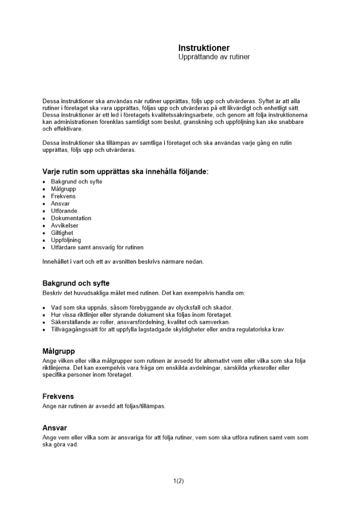 Instruktion för upprättande av rutiner