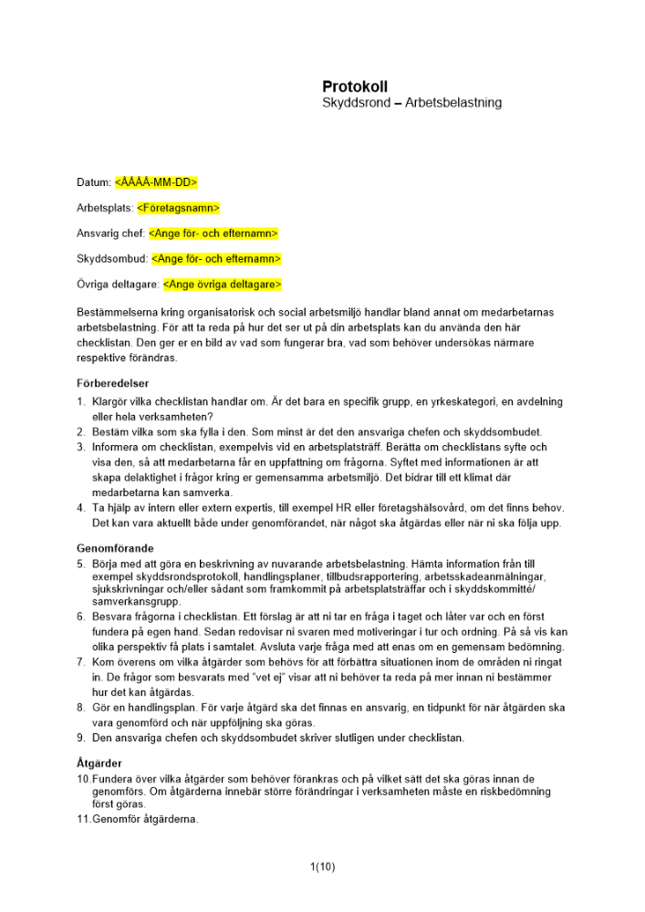 Protokoll skyddsrond arbetsbelastning