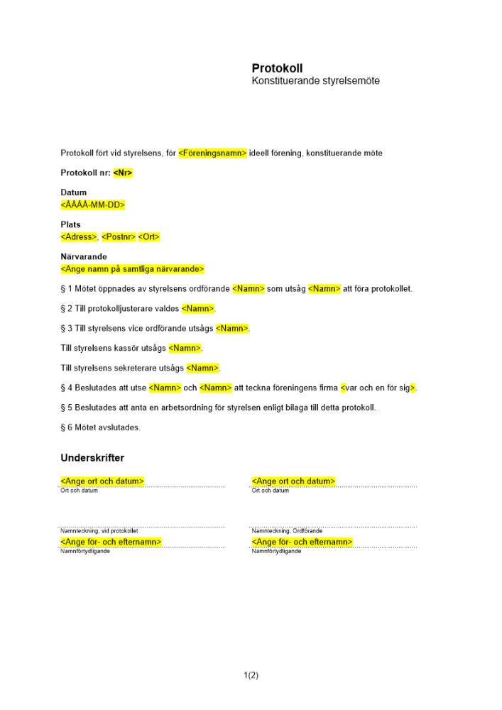 Protokoll till konstituerande styrelsemöte