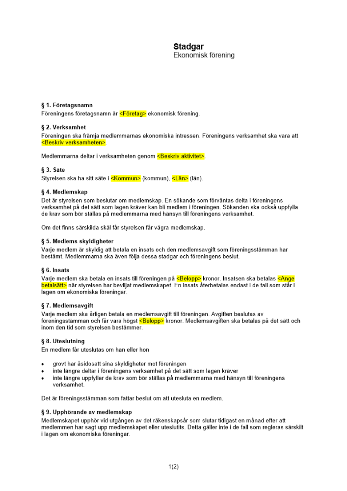 Stadgar ekonomisk förening