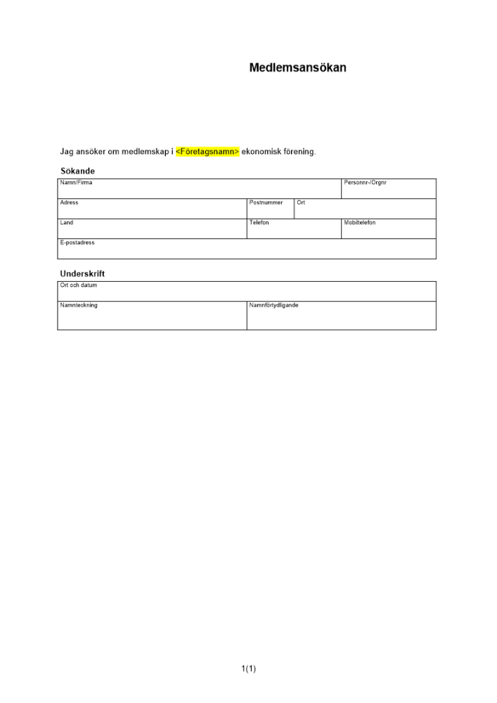 Ansökan om medlemskap i ekonomisk förening