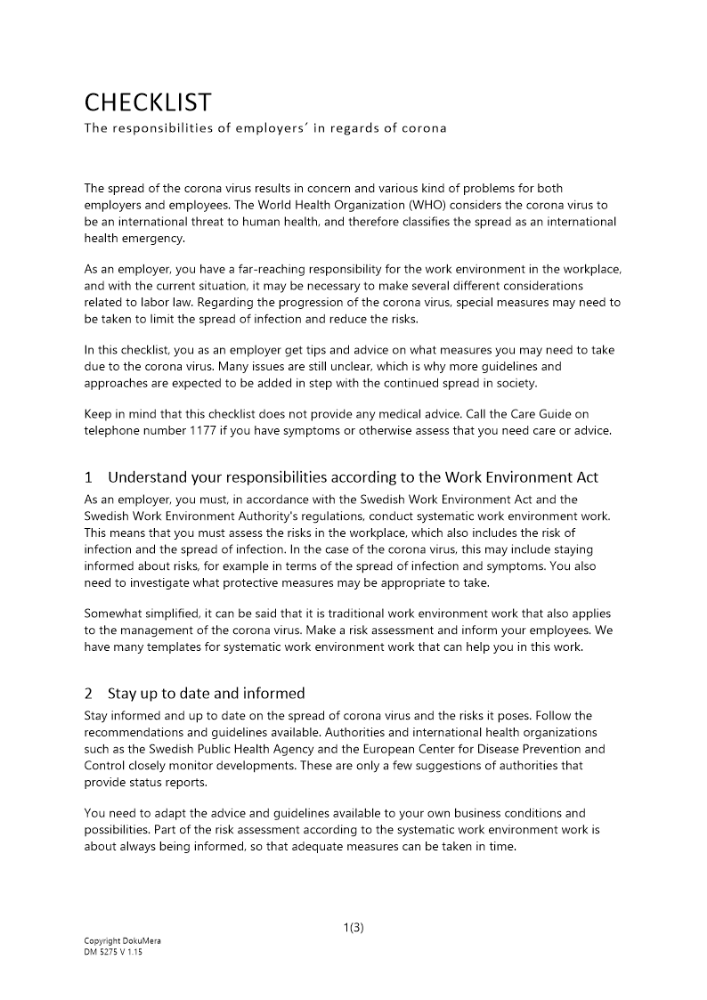 Checklista - corona och arbetsgivares ansvar Engelsk