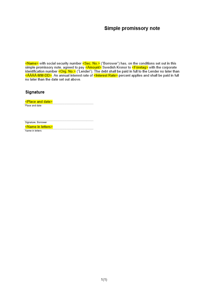 Enkelt skuldebrev Engelsk