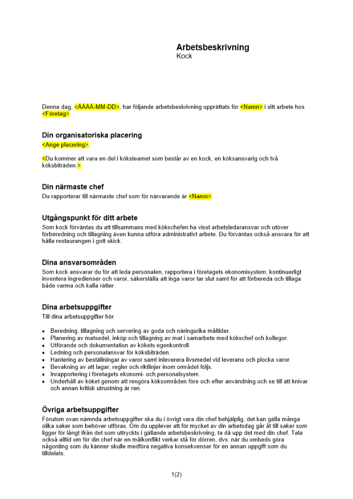 Arbetsbeskrivning kock