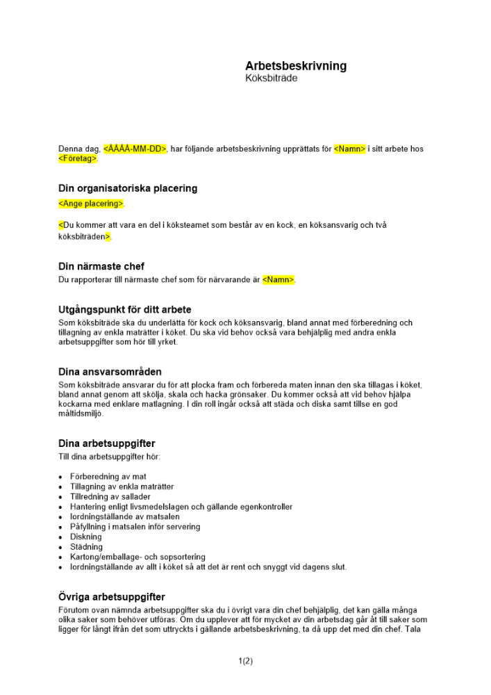 Arbetsbeskrivning köksbiträde