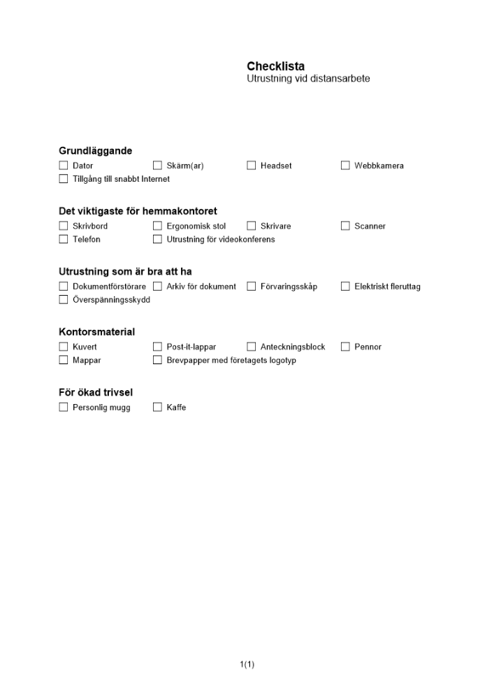 Checklista utrustning vid distansarbete