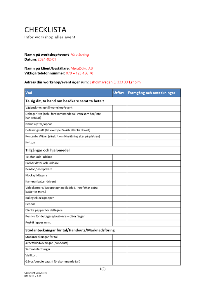 Checklista inför workshop eller event