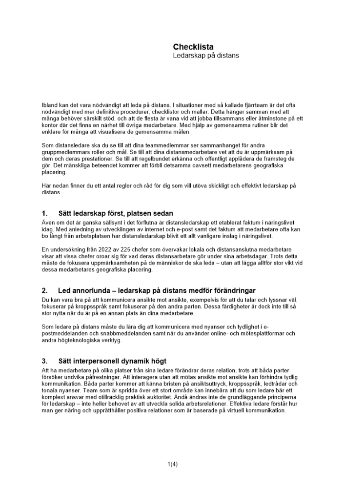 Checklista ledarskap på distans