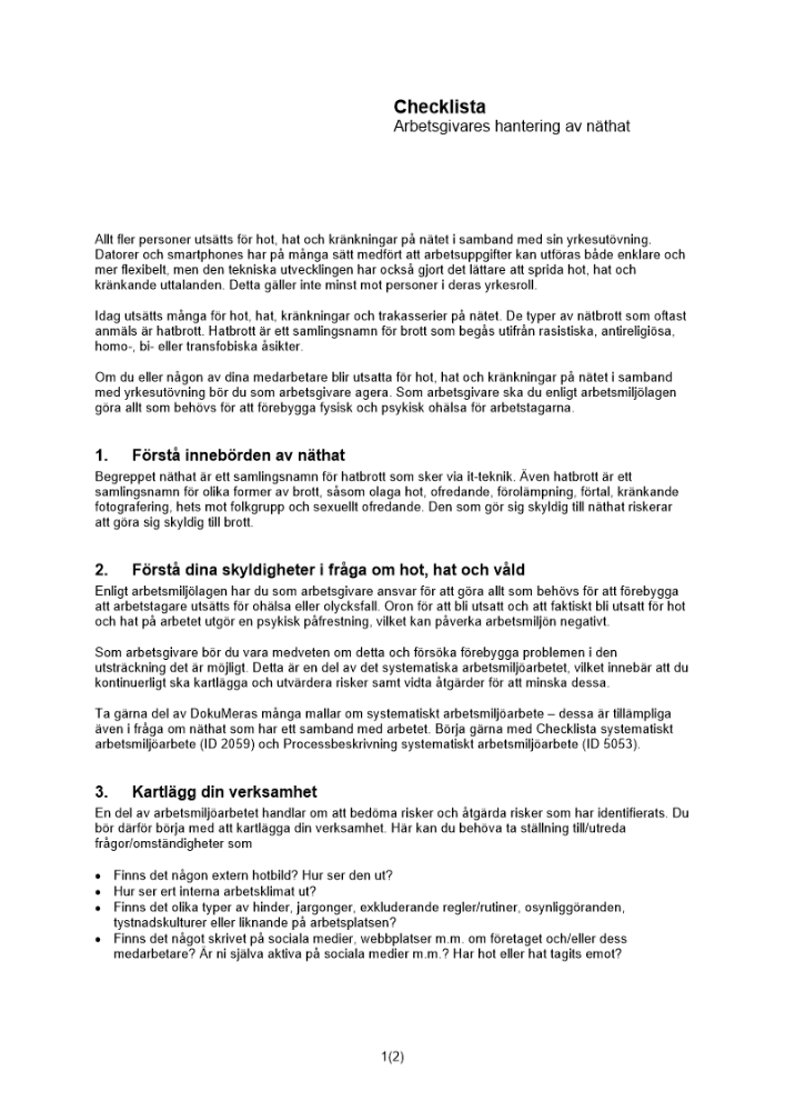 Checklista arbetsgivares hantering av näthat