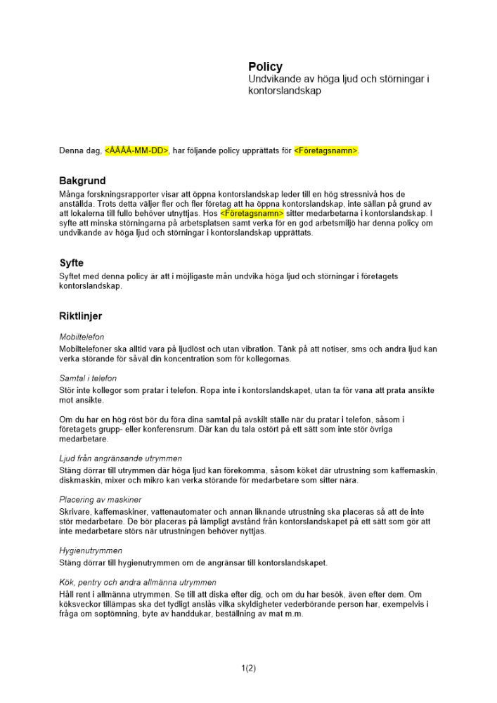 Policy för undvikande av höga ljud och störningar i kontorslandskap