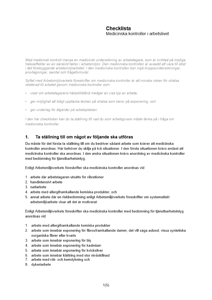 Checklista - medicinska kontroller i arbetslivet
