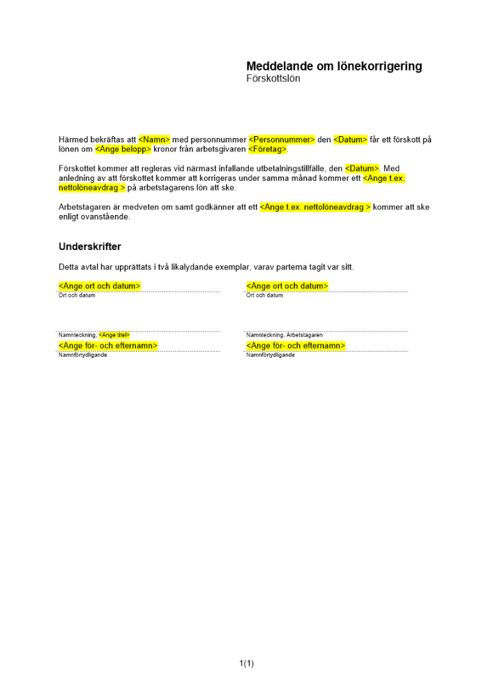 Meddelande om lönekorrigering – förskottslön