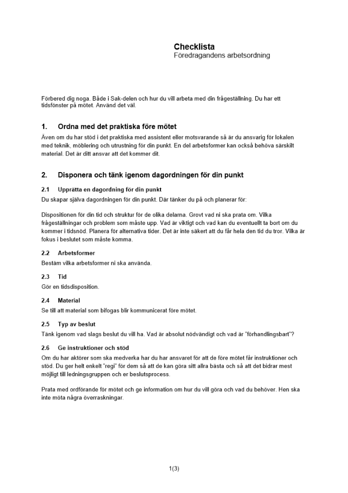 Checklista föredragandens arbetsordning