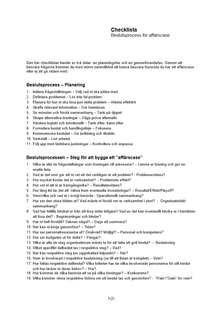 Checklista beslutsprocess för affärscase