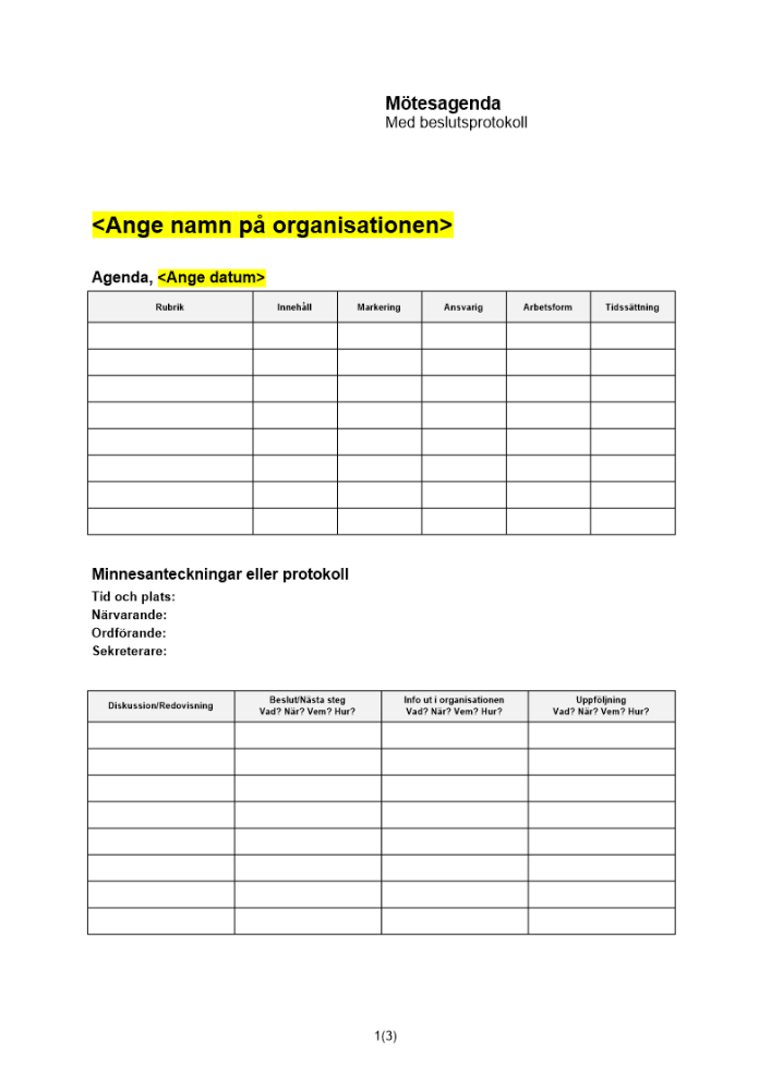 Mötesagenda med beslutsprotokoll