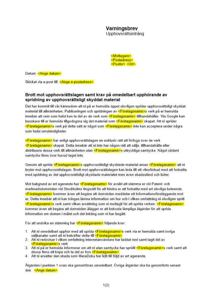 Varningsbrev upphovsrättsintrång