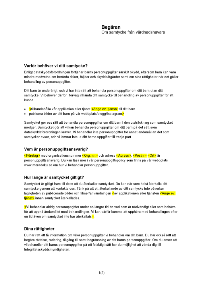 Begäran om samtycke (vårdnadshavare)