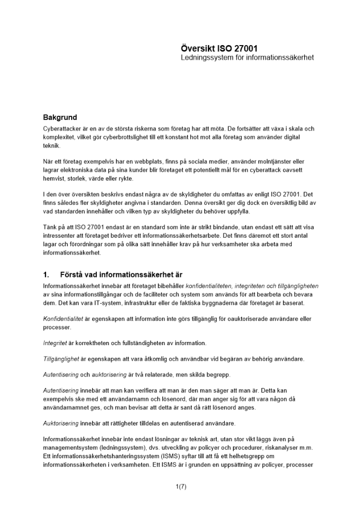 Översikt ISO 27001 - Ledningssystem för informationssäkerhet