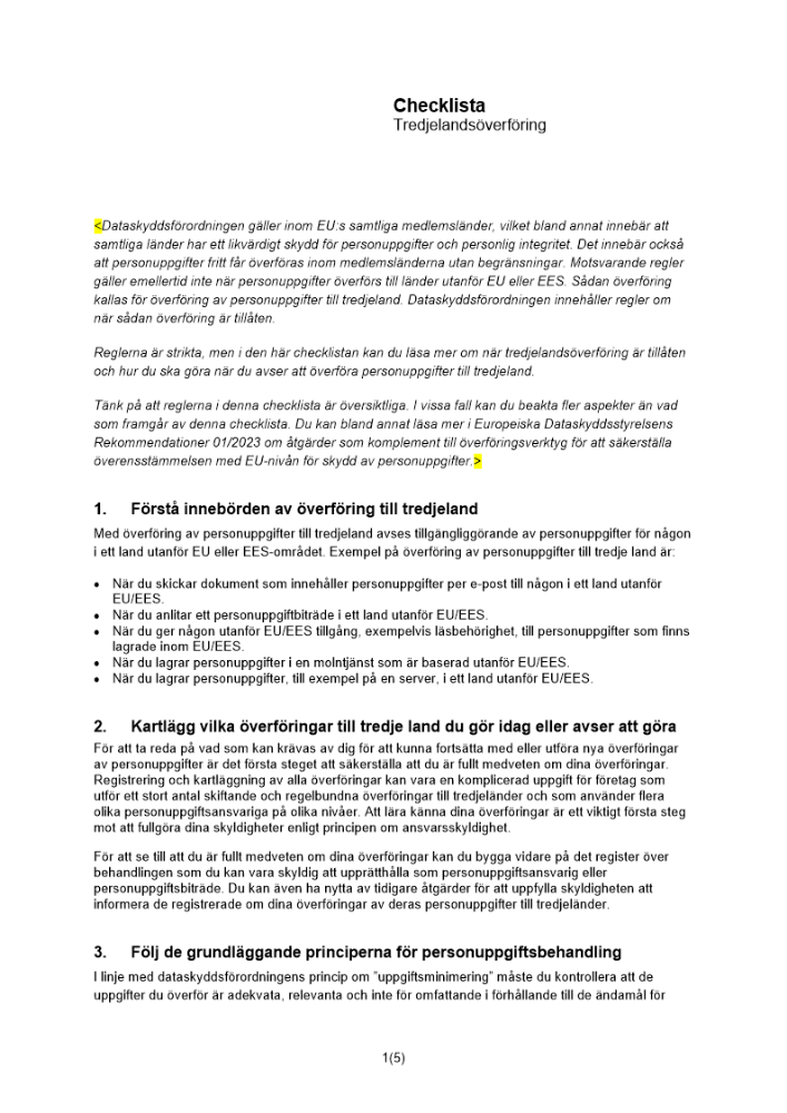Checklista - Tredjelandsöverföring