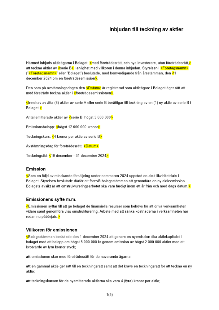 Inbjudan till teckning av aktier (emission)