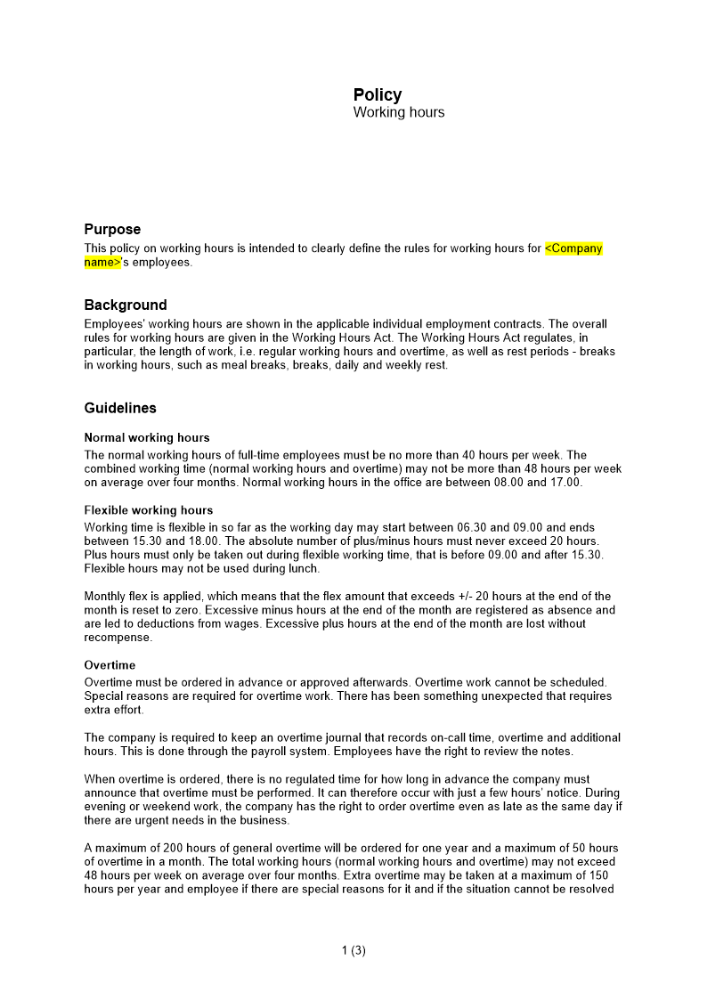 Policy för arbetstid Engelsk