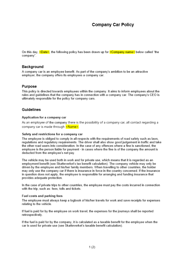 Förmånsbilspolicy Engelsk