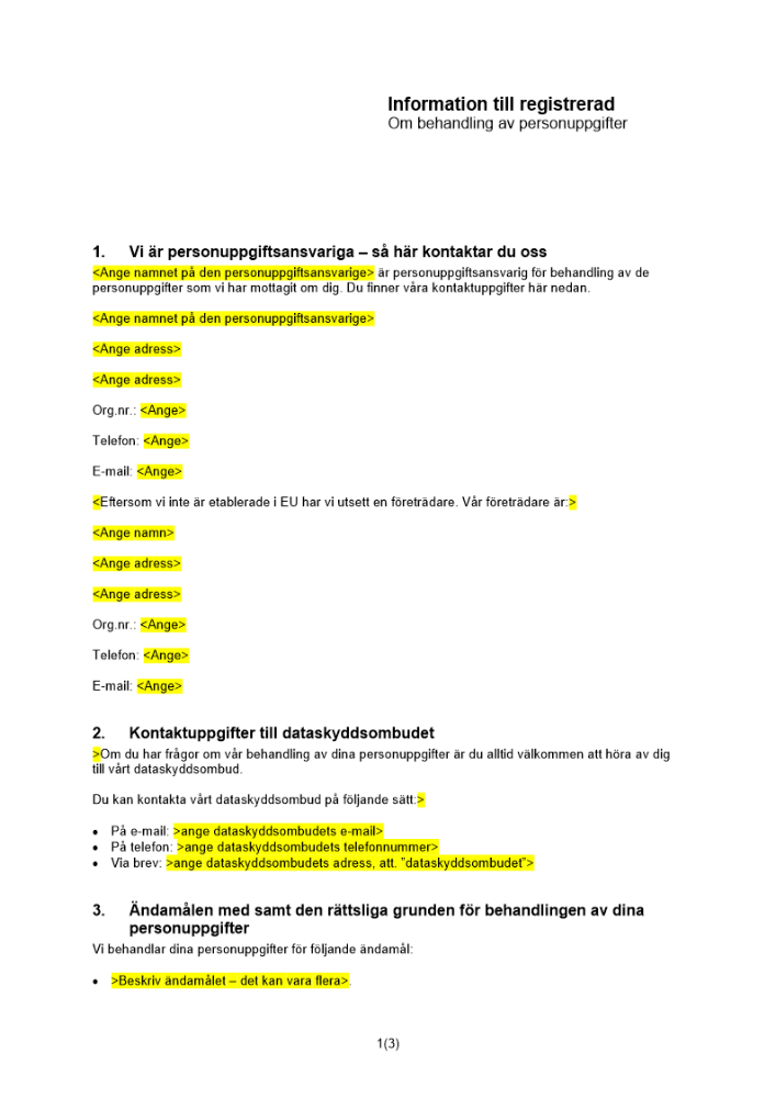 Information till registrerad om behandling av personuppgifter