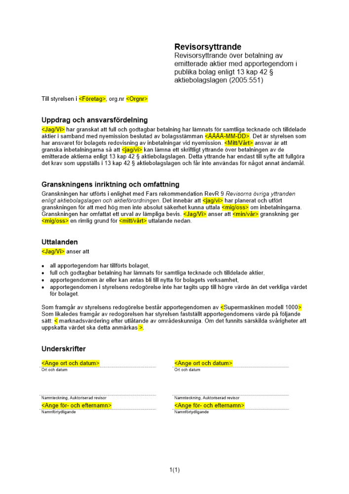 Revisorsyttrande enl 13 kap 42 § ABL (Emission med apportegendom)