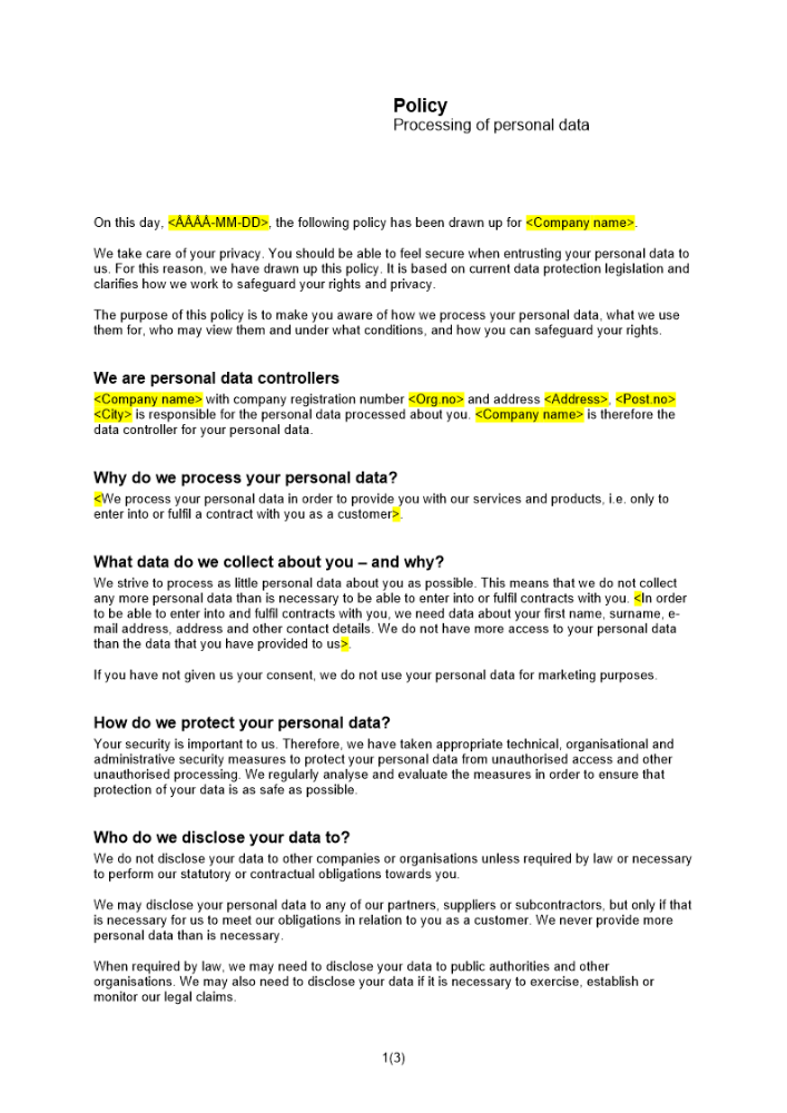 Policy för behandling av personuppgifter Engelsk