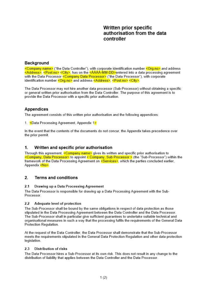 Skriftligt förhandstillstånd Engelsk