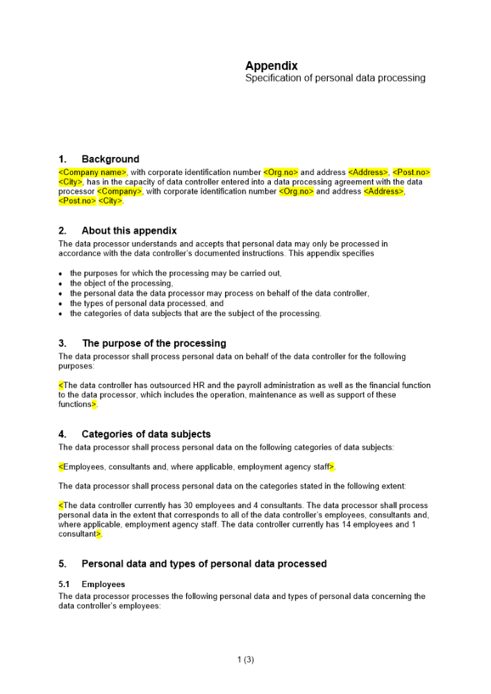 Bilaga specifikation över personuppgiftsbehandling Engelsk