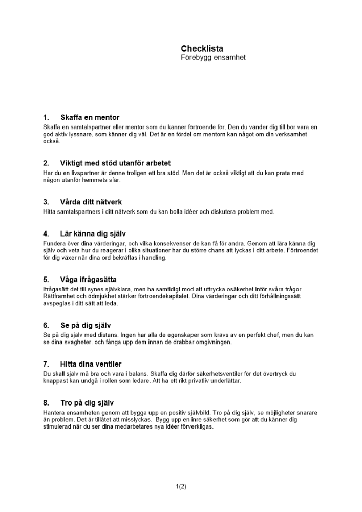 Checklista Förebygg ensamhet