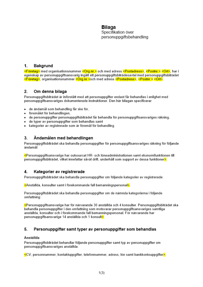 Bilaga specifikation över personuppgiftsbehandling