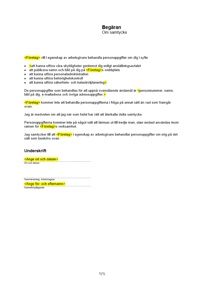 Begäran om samtycke behandling av personuppgifter anställd