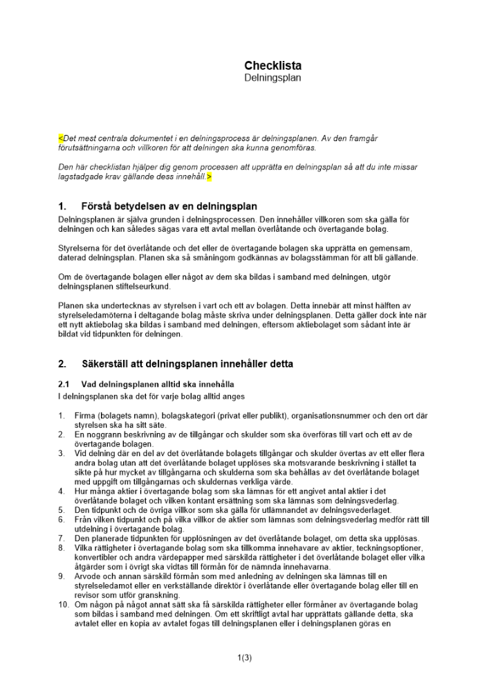 Checklista delningsplan aktiebolag
