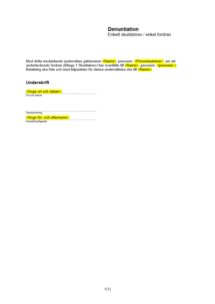 Denuntiation - enkelt skuldebrev enkel fordran