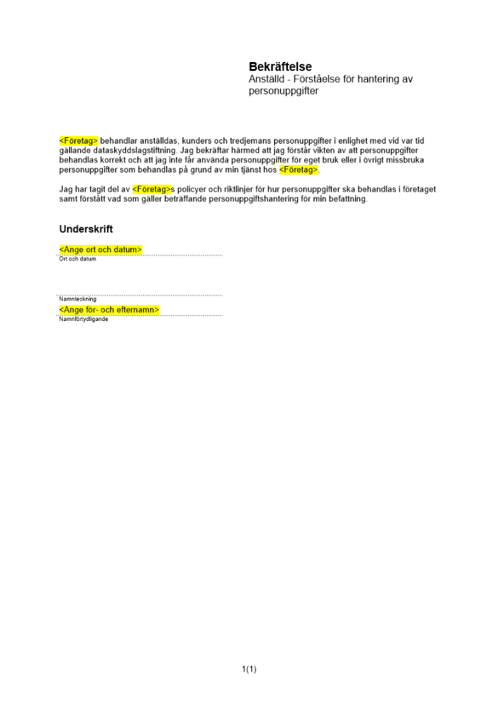 Bekräftelse hantering av personuppgifter