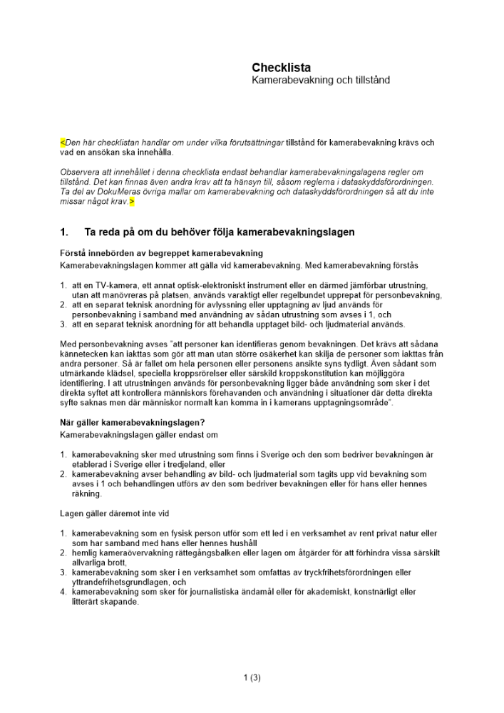 Checklista kamerabevakning och tillstånd