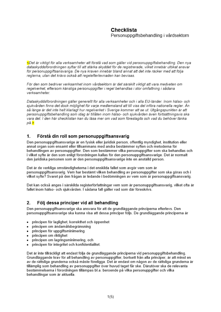 Checklista personuppgiftsbehandling i vårdsektorn