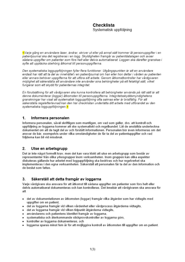 Checklista systematisk logguppföljning