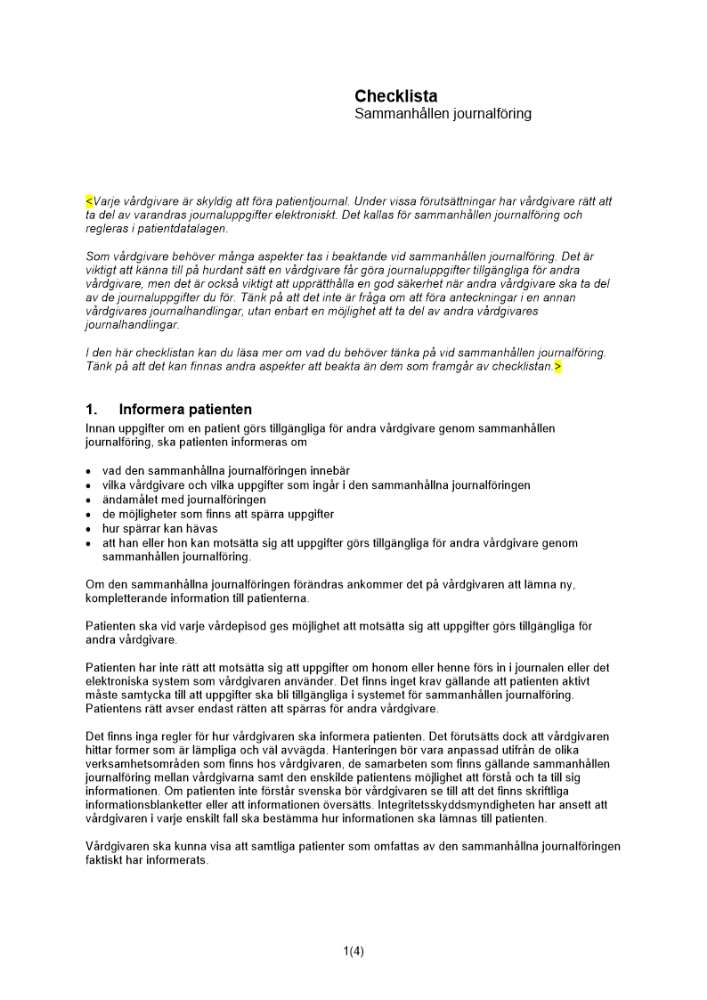 Checklista sammanhållen journalföring