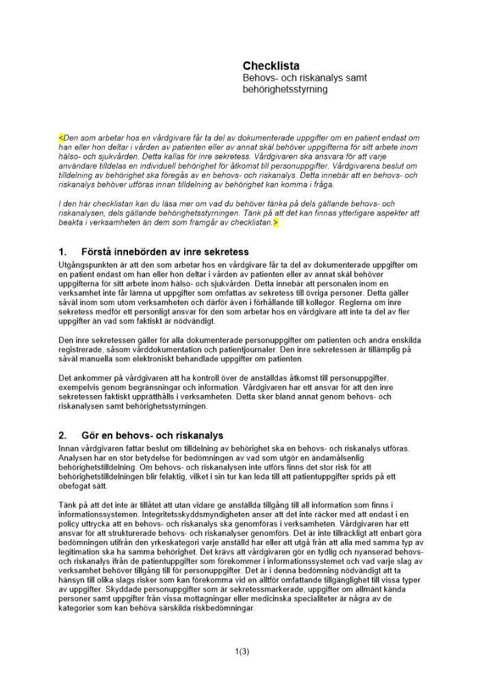 Checklista behovs- och riskanalys