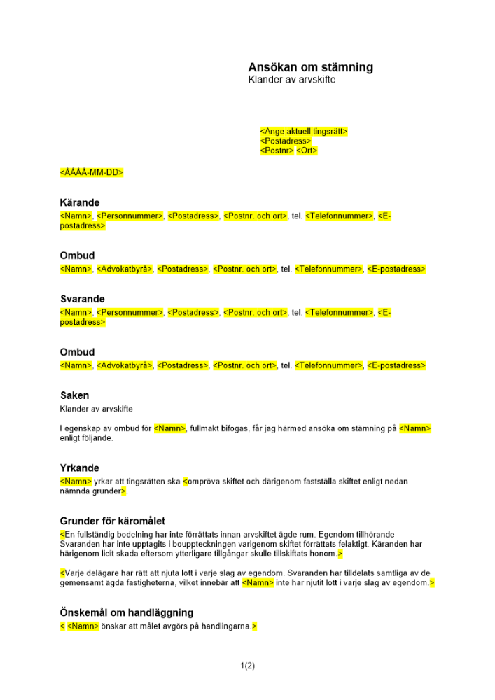Stämningsansökan klander av arvskifte