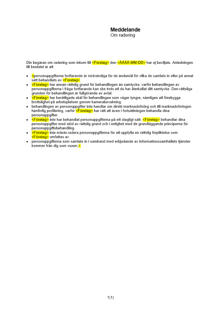 Meddelande om radering - ej beviljad