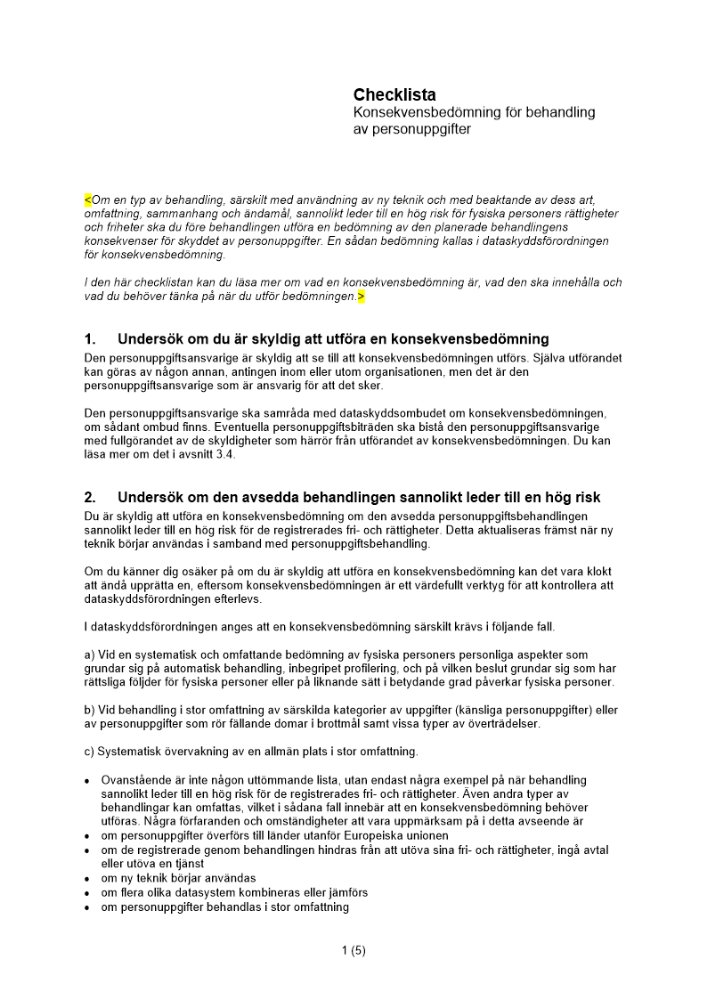 Checklista konsekvensbedömning behandling av personuppgifter